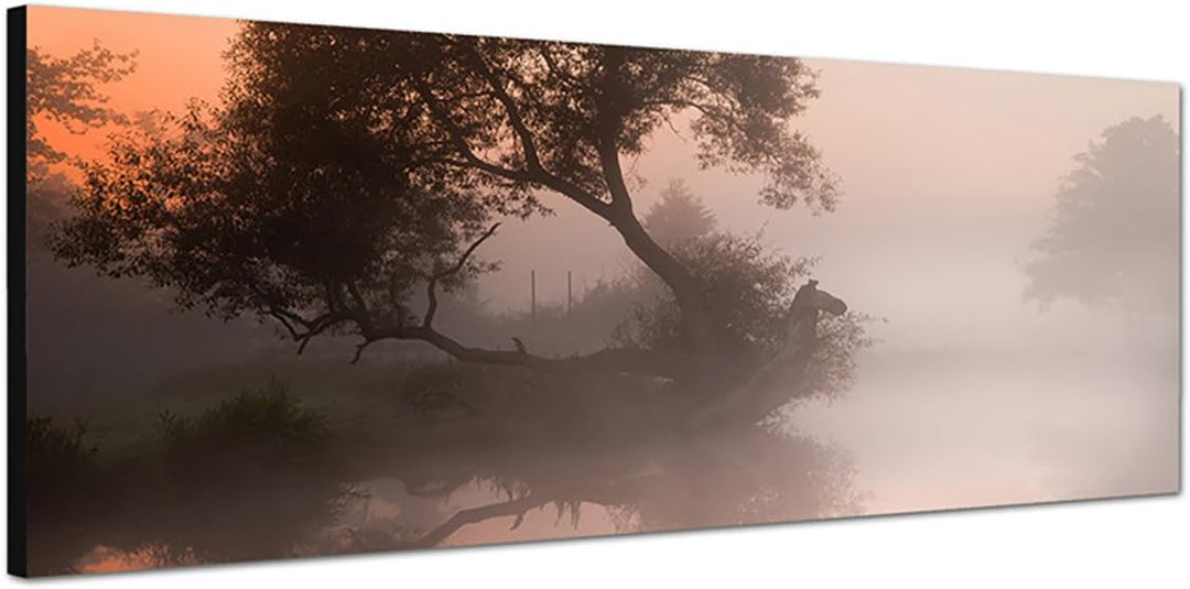 Paul Sinus Art Panoramabild auf Leinwand und Keilrahmen 150x50cm Fluss Baum Nebel Morgendämmerung