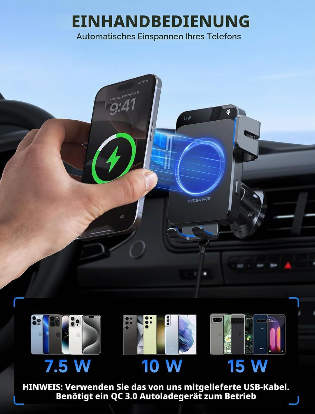 MOKPR Handyhalterung Auto mit Ladefunktion, 15W Handyhalterung Auto Induktives Laden für Entlüftungs