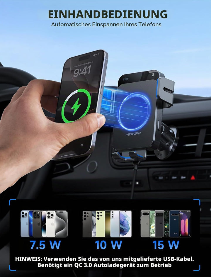 MOKPR Handyhalterung Auto mit Ladefunktion, 15W Handyhalterung Auto Induktives Laden für Entlüftungs