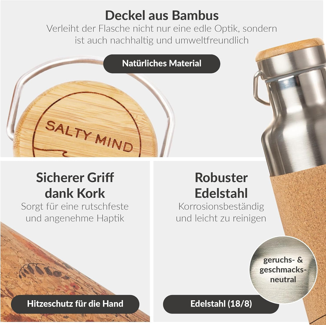 Salty Mind nachhaltige, isolierte Edelstahl Trinkflasche [750ml] - klimaneutral - Thermo Wasserflasc