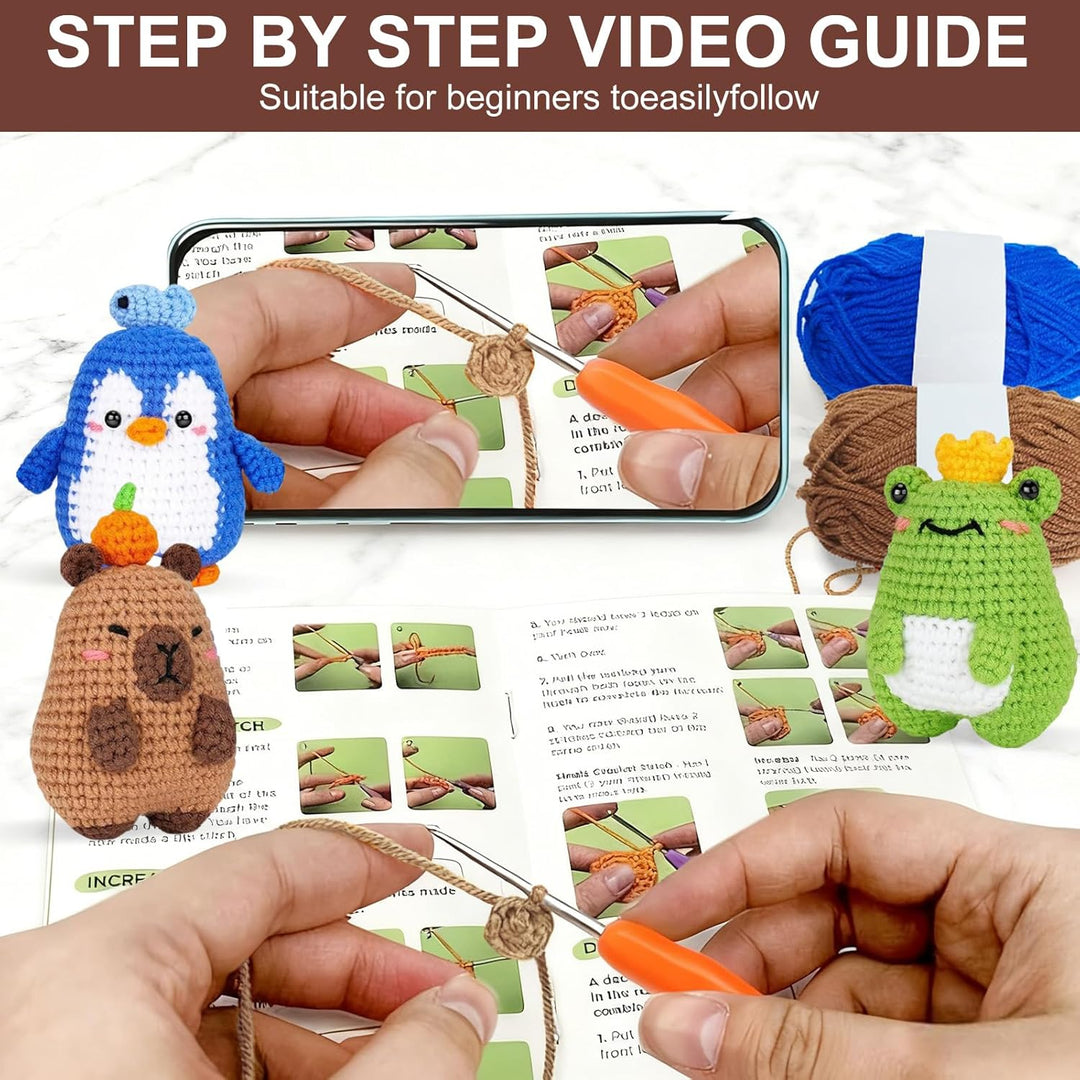 YushengTai Häkelset für Anfänger Capybara, Frosch, Pinguin - Komplettset mit Garn, Häkelnadel & Vide