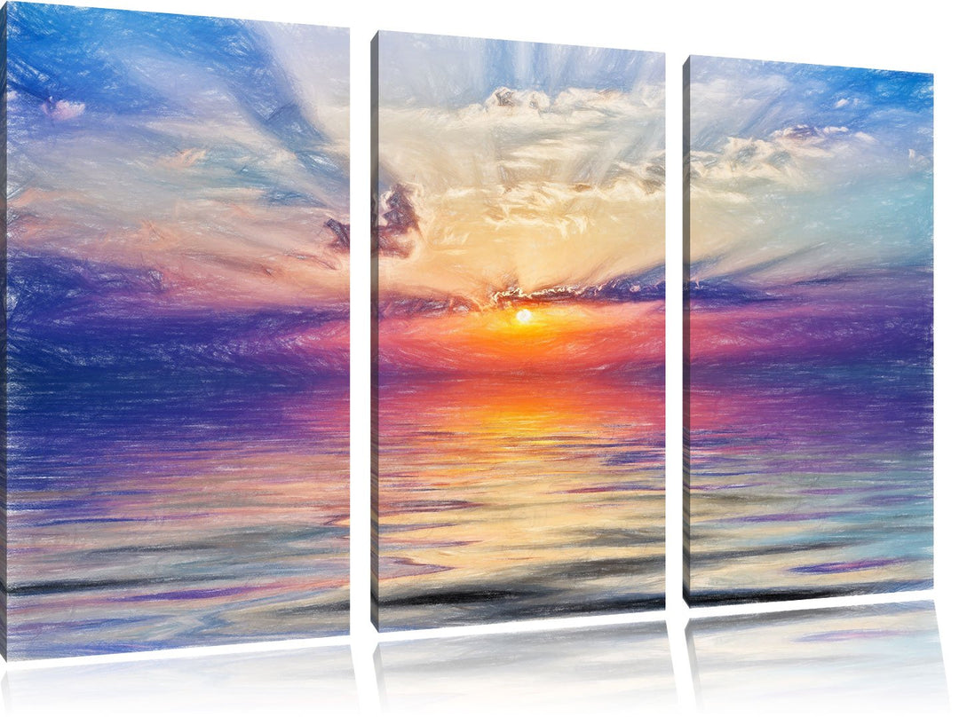 Pixxprint Einzigartiger Sonnenaufgang im Meer Bunstift Effekt 3-Teiler Leinwandbild 120x80 Bild auf