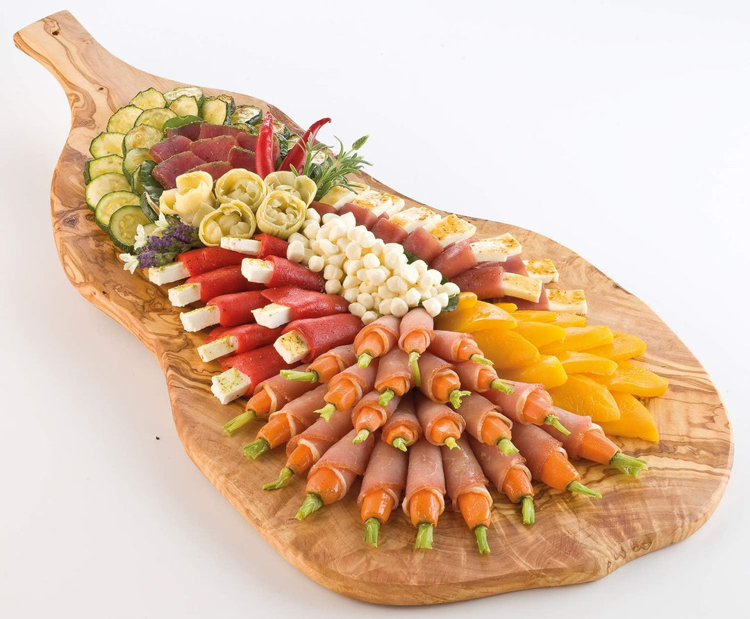 Batania Olivenholzbrett, Brotzeitplatte, Holzbrett mit Griff | ca. 40 x 18 cm 40x15-20 cm, 40x15-20