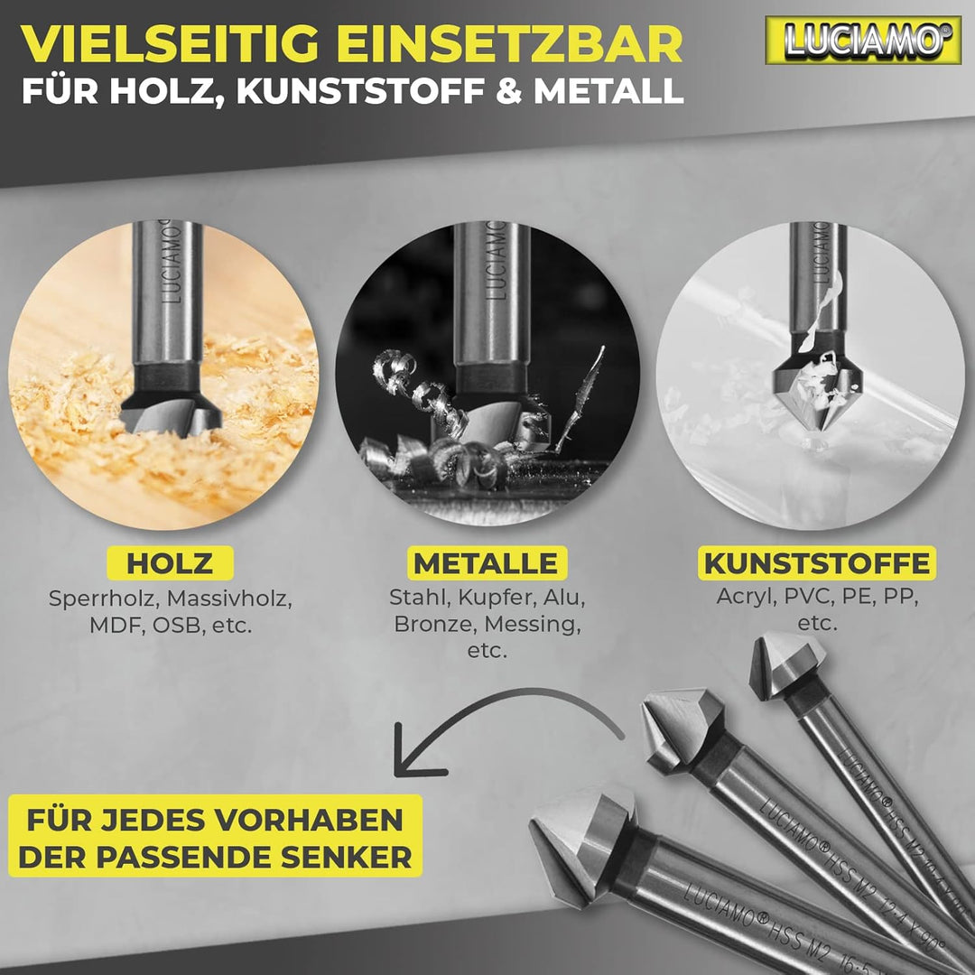 3 Stück 90° Profi Senker Set HSS M2 (6542) - Extra präzise für Holz, Metall und Kunststoff - ein Mus