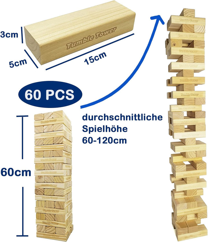 JacMok Jumbo Tumble Tower-Wackelturm-Turm Spiel 60 Stück Kiefernholz Toppling Blocks Spielzeug mit T