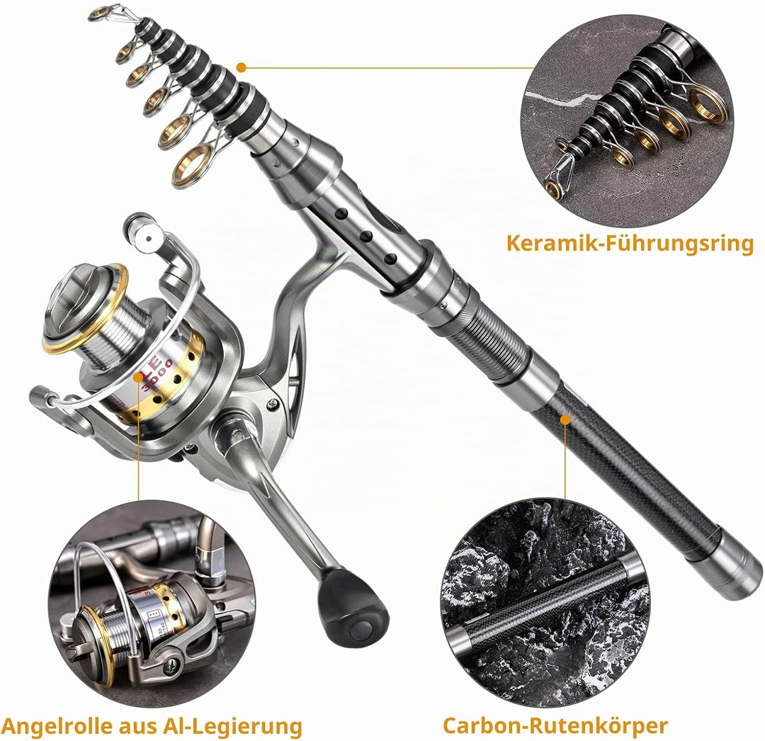 Lixada Teleskop Angelrute Teleskopangel und Spule Combo Kit Kohlefaser-Angelrute und Spinnrollen mit