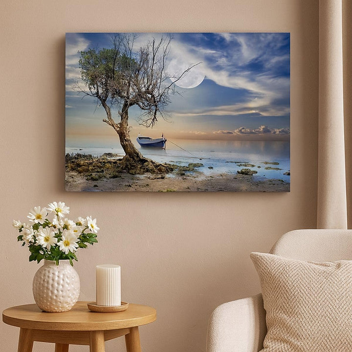 Bilder auf Leinwand 100x70cm Leinwandbild mit Rahmen Nacht Mond Boot Gross Wanddeko Bild Schlafzimme