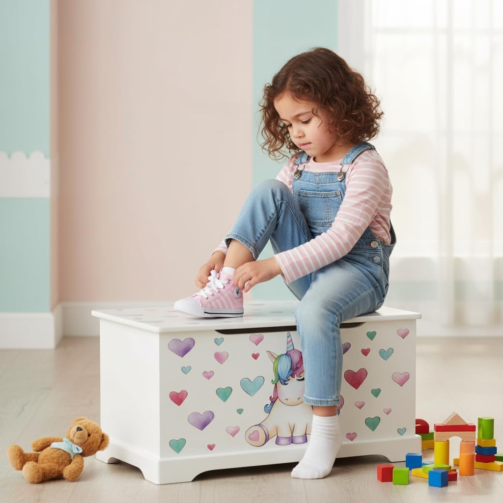 Leomark Hölzern Kindertruhenbank - UNICORN - Kinderbank, Behälter für Spielzeug, Truhe für Kinderzim