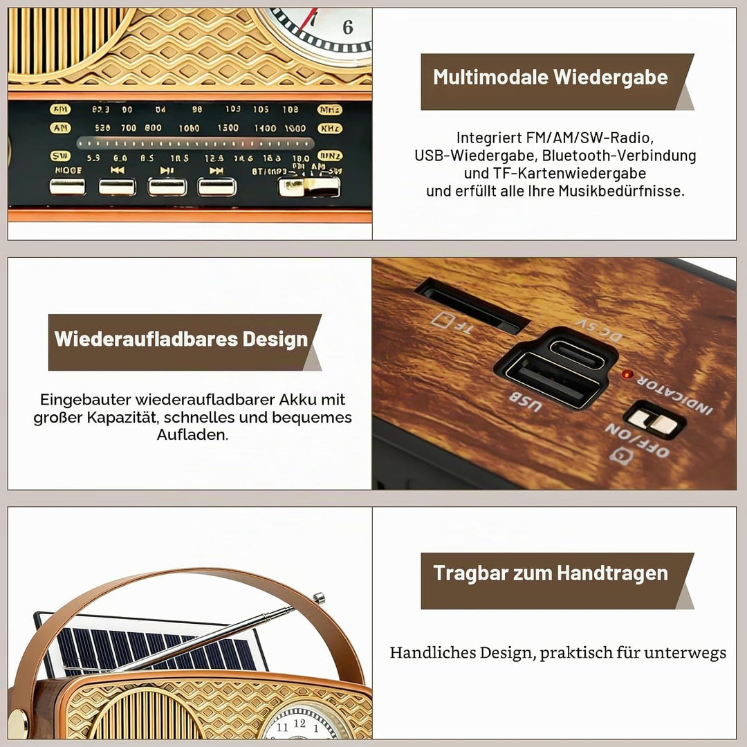 Radio Tragbar AM/FM/SW, Retro Radio, Solar Radio, Bluetooth Lautsprecher, Küchenradio, USB/TF/AUX Fu