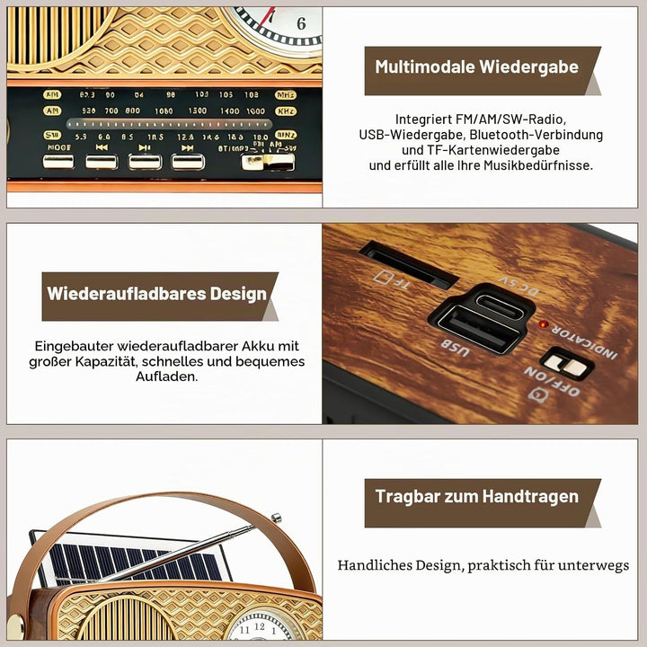 Radio Tragbar AM/FM/SW, Retro Radio, Solar Radio, Bluetooth Lautsprecher, Küchenradio, USB/TF/AUX Fu