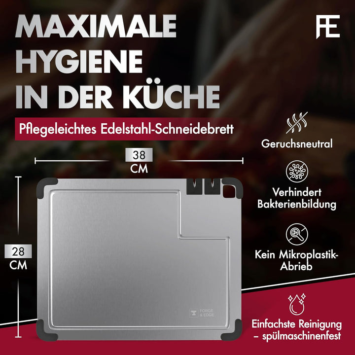 FORGE & EDGE Schneidebrett Edelstahl - Premium cutting board mit integriertem Messerschärfer, Saftri