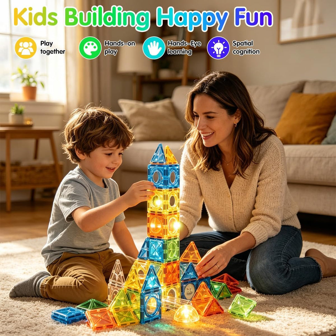 VICTERR Magnetische Bausteine Montessori Spielzeug 105 Teile mit LED & Kugelbahn – STEM Montessori S