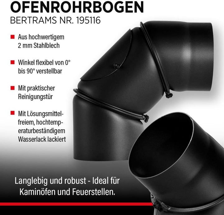 BERTRAMS Ofenrohr 150mm Ø Bogen mit Tür Schwarz | Stahlrohr mit 0-90° Winkel | Feuerrohr aus Stahlbl
