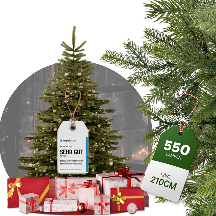 BoomDing Künstlicher Weihnachtsbaum mit Beleuchtung - extra naturgetreuer Tannenbaum (210 cm) inkl.