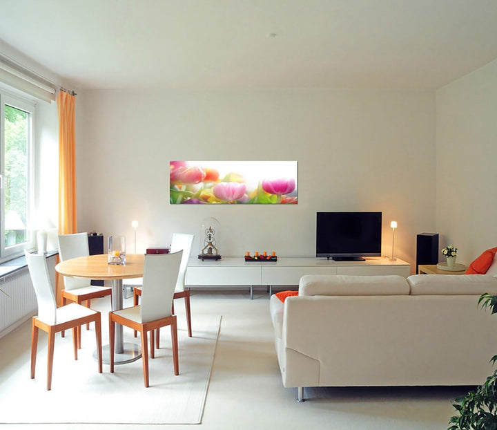 Paul Sinus Art Panoramabild auf Leinwand und Keilrahmen 150x50cm Tulpen Frühling Wiese Licht