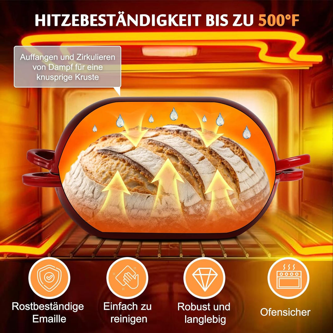NSIRONS Gusseisen Brotbackform mit Deckel, 23 cm Emaille Gusseisen Topf Brot Backen, Bräter mit Deck
