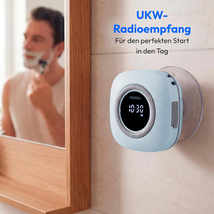 MEDION P66096 Duschradio mit Bluetooth (Badradio, UKW Radio, Saugnapf, LED-Display, IPX6 Wasserdicht