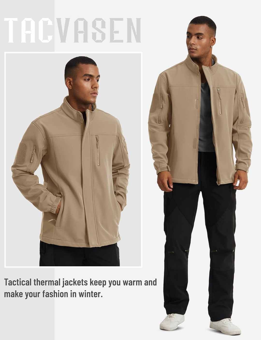 TACVASEN Herren Softshell Jacke Winddichte Outdoorjacke Übergangsjacke mit Reissverschlusstasche S K