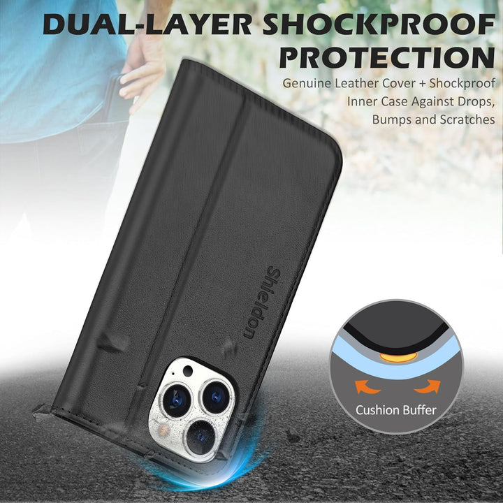 SHIELDON Hülle für iPhone 14 Pro Max Handyhülle TPU [Echtleder] [Kartenfach] [Magnet] Standfunktion