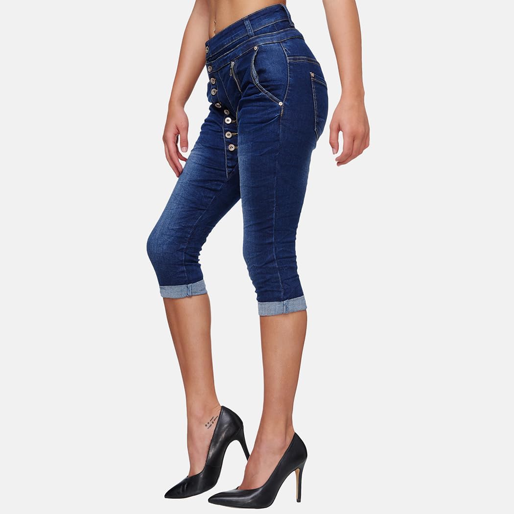 Elara Damen 3/4 Jeans Slim High Waist Capri Hose Chunkyrayan 46 Slim Dunkelblau, 46 Slim Dunkelblau