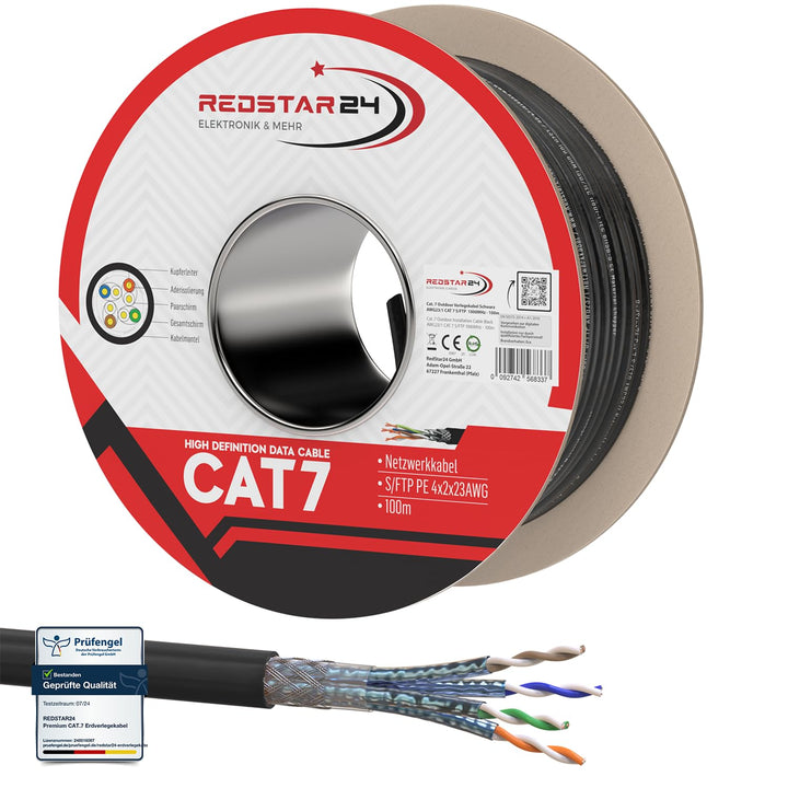 RedStar24 100m Cat7 Erdkabel Verlegekabel Outdoor Lan Kabel Installationskabel Schwarz AWG23/1 CAT 7