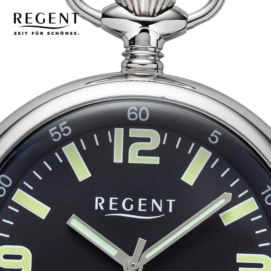 Regent Herren Taschenuhr Edelstahl 50 MM Quarz Schwarzes Zifferblatt Arabische Zahlen Datum P-742