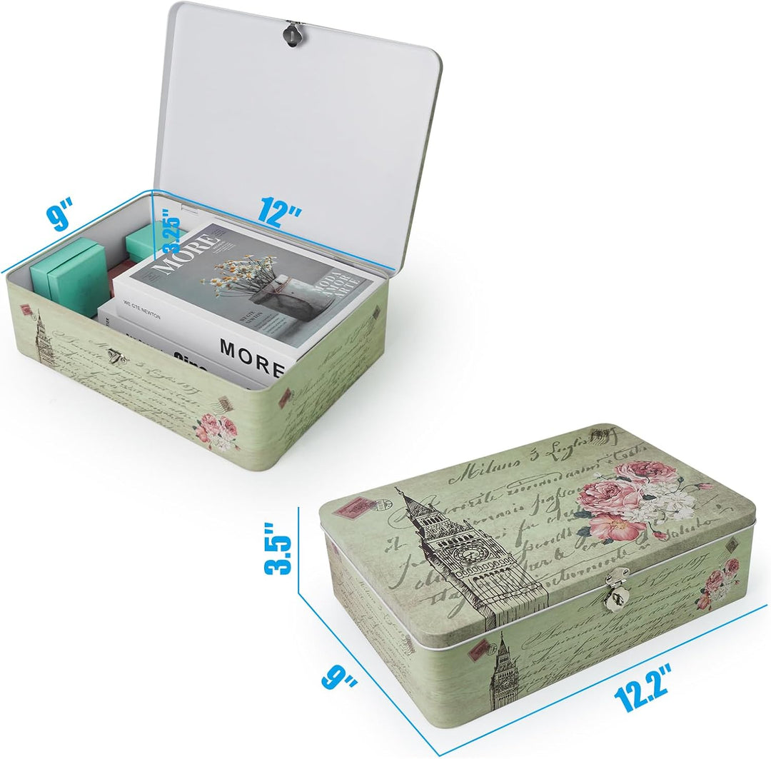 Aoneky Zinn Retro Aufbewahrungsbox mit Schloss, 30.4 x 22.8 x 8.2cm - Metalldose für Medikamente Pos