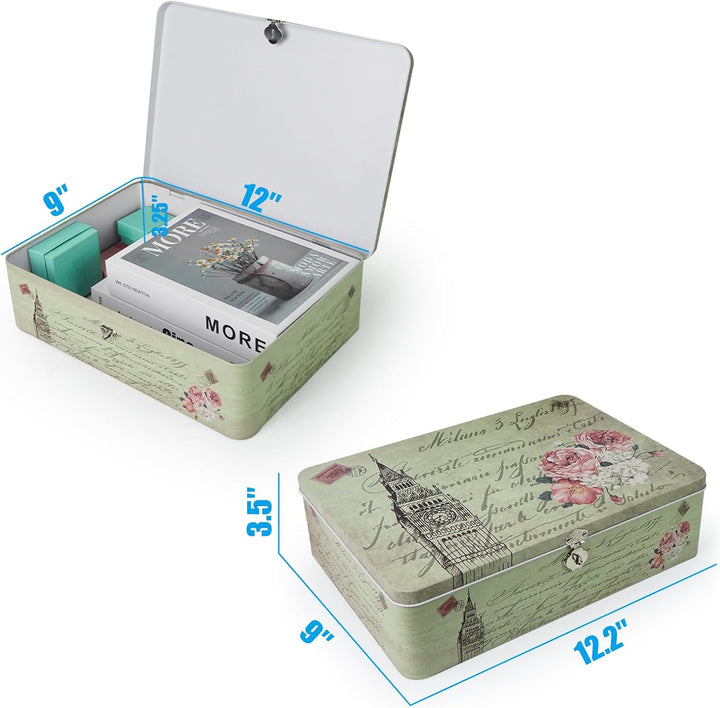 Aoneky Zinn Retro Aufbewahrungsbox mit Schloss, 30.4 x 22.8 x 8.2cm - Metalldose für Medikamente Pos