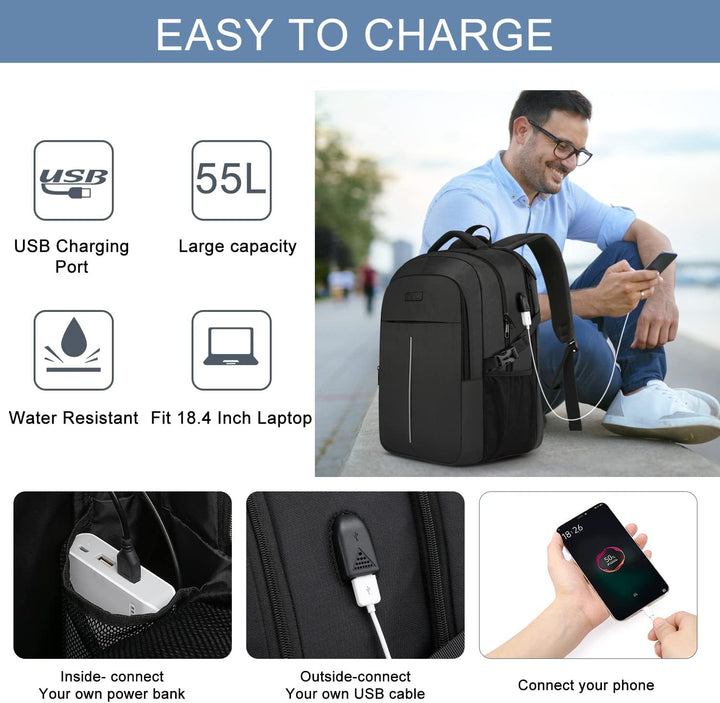 Extra Gross Rucksack Herren 55L,18.4 Zoll Laptop für Schule Arbeit mit USB Ladeanschluss Wasserdicht