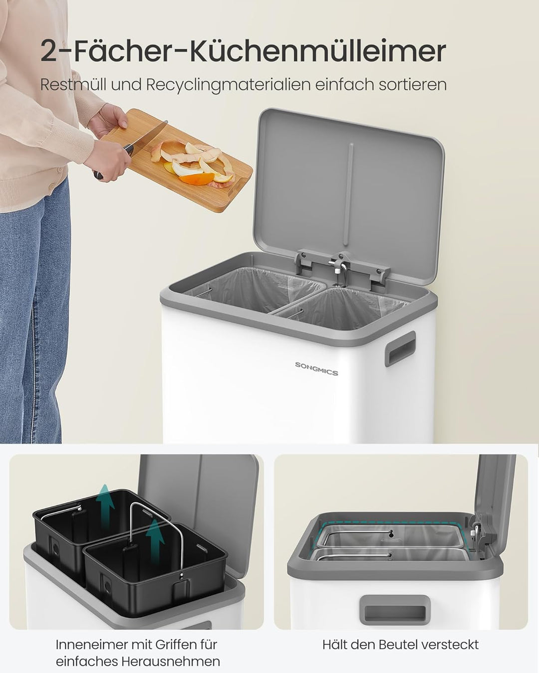 SONGMICS Mülleimer Küche, Mülltrennsystem 2 x 15 L, 2 Fächer für Recycling und Restmüll, Abfalleimer