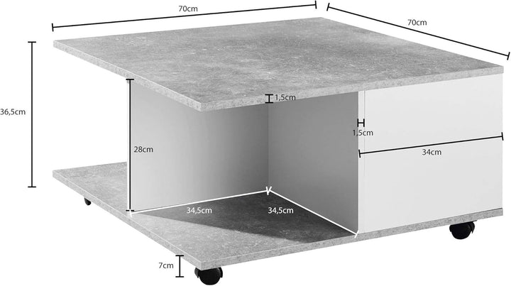 Couchtisch RAPIDO: 70x70x36,5 cm, 2 Schubladen, Rollen, Melaminharzbeschichtung, Weiss/Anthrazit Far