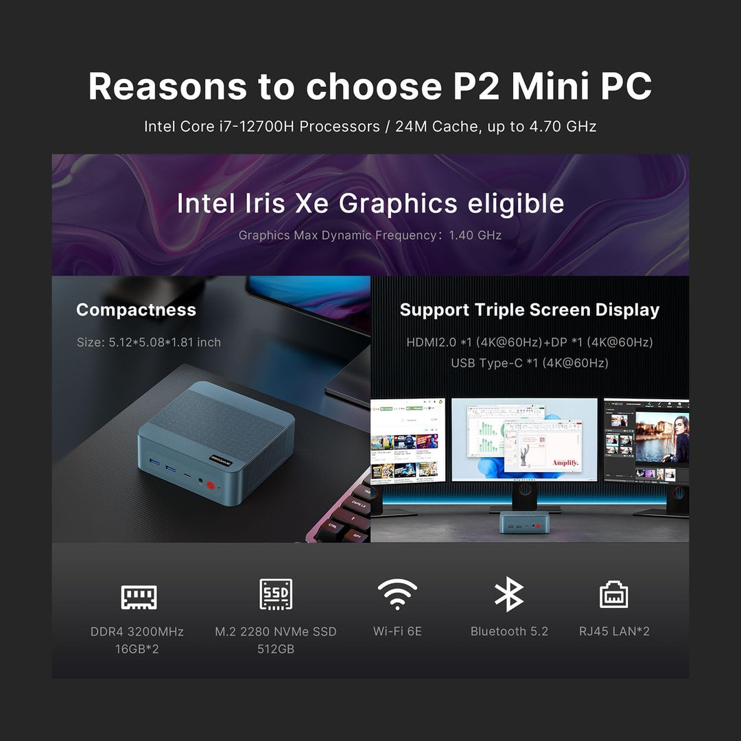 BOSGAME P2 Gaming PC, with Intel Core i7-12700H Processor, 14C/20T (Up to 4.7GHz), DDR5 16GB RAM 512