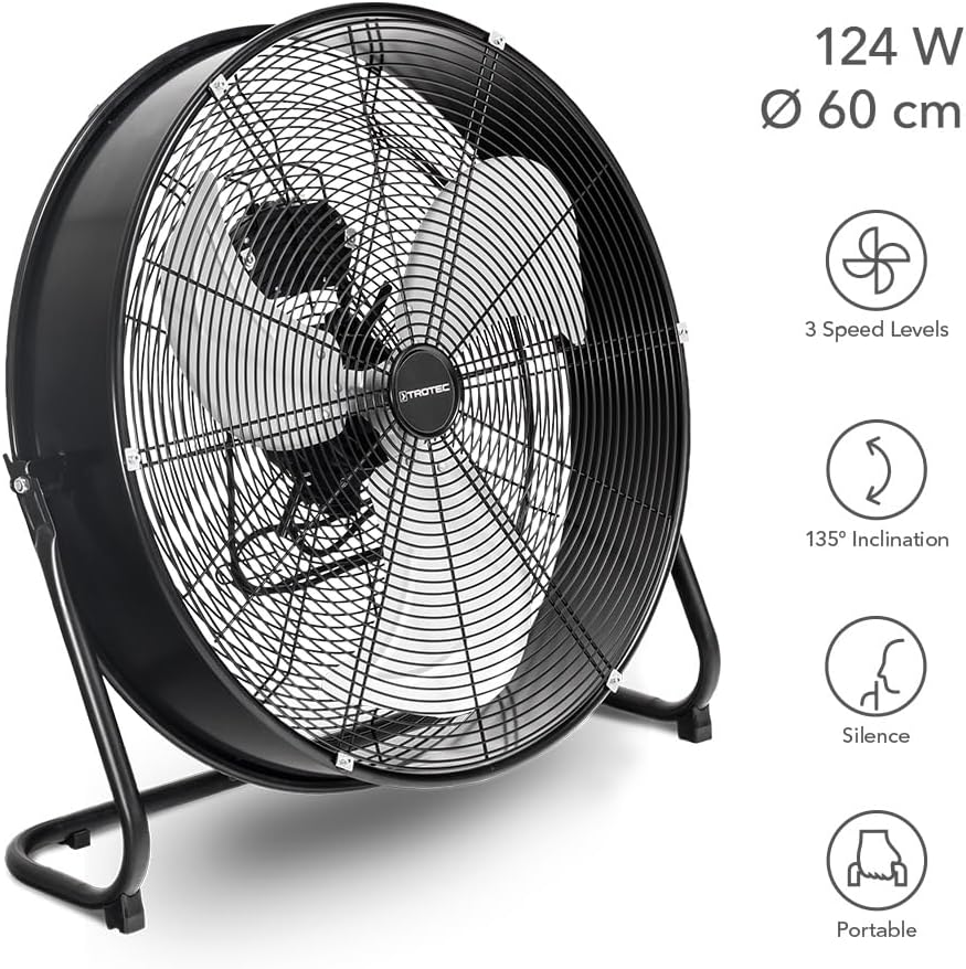 TROTEC Bodenventilator TVM 24 D – 124 Watt, Neigungswinkel 135°, 3 Stufen, Ø 60 cm, kippfester Stand