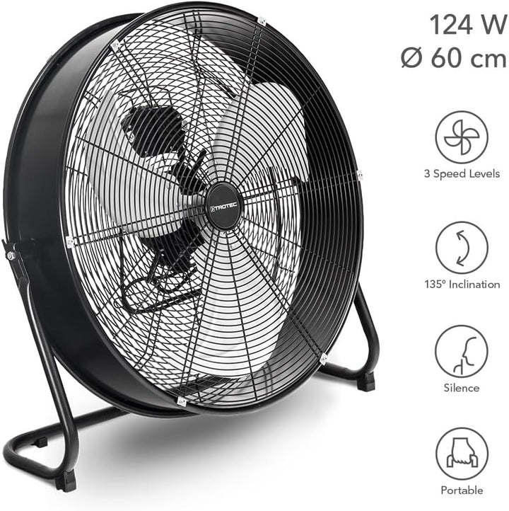 TROTEC Bodenventilator TVM 24 D – 124 Watt, Neigungswinkel 135°, 3 Stufen, Ø 60 cm, kippfester Stand