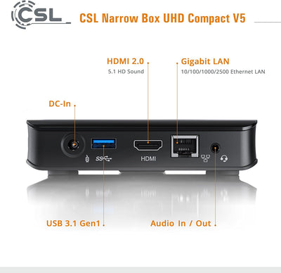 Mini PC CSL Narrow Box Ultra HD Compact v5 Windows 10 Home lüfterlos, Intel Celeron N5100 4x2800MHz,