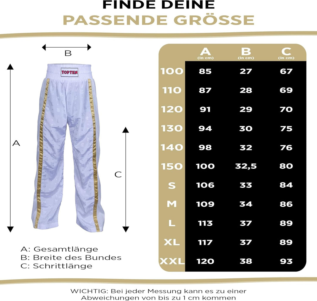 TOP TEN Kickboxhose „Mesh“ Weiss - Gold XXL, Weiss - Gold XXL