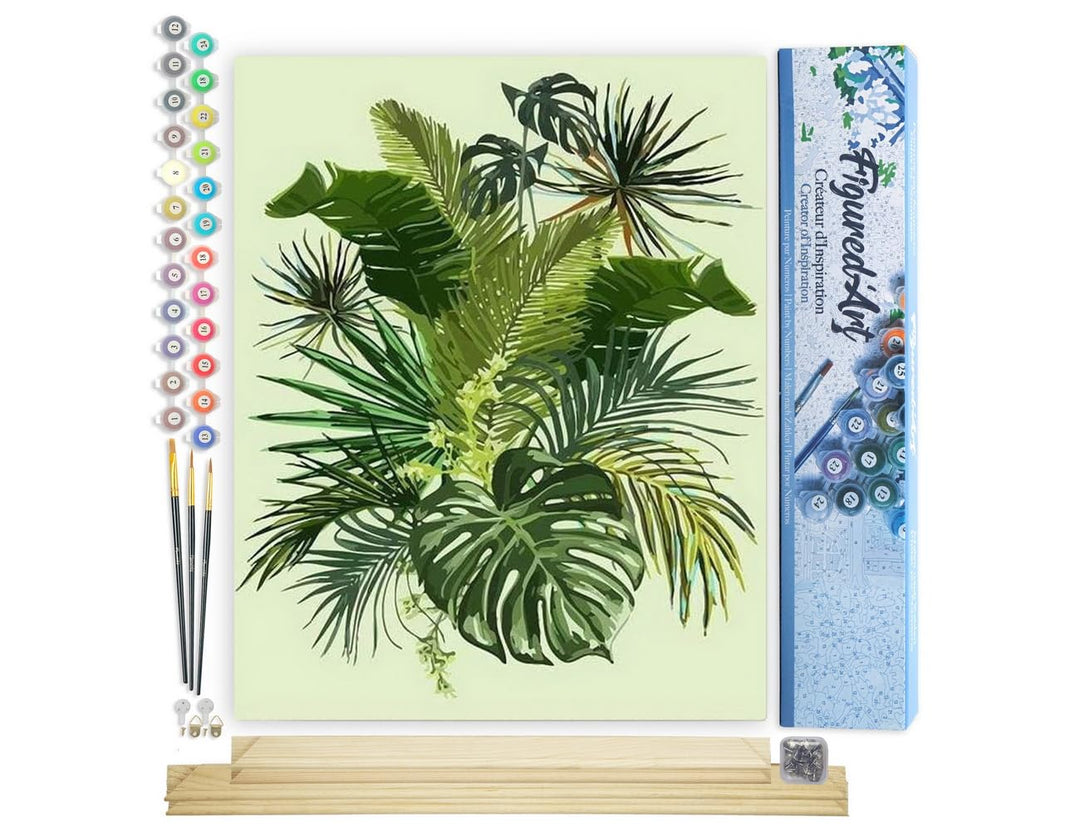 Figured'Art Malen Nach Zahlen Erwachsene Mit Rahmen Grüne Blätter - Paint by Numbers Basteln DIY Bas