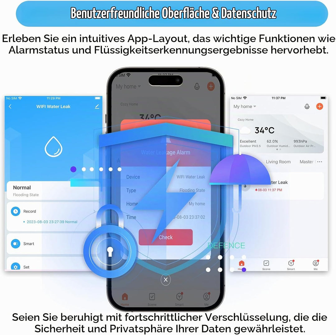 Wassermelder WLAN (2,4 G WiFi), 90 dB WiFi Wassermelder Wasseralarm und App Alarm, Wassersensor Alar