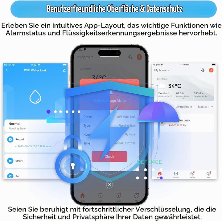 Wassermelder WLAN (2,4 G WiFi), 90 dB WiFi Wassermelder Wasseralarm und App Alarm, Wassersensor Alar