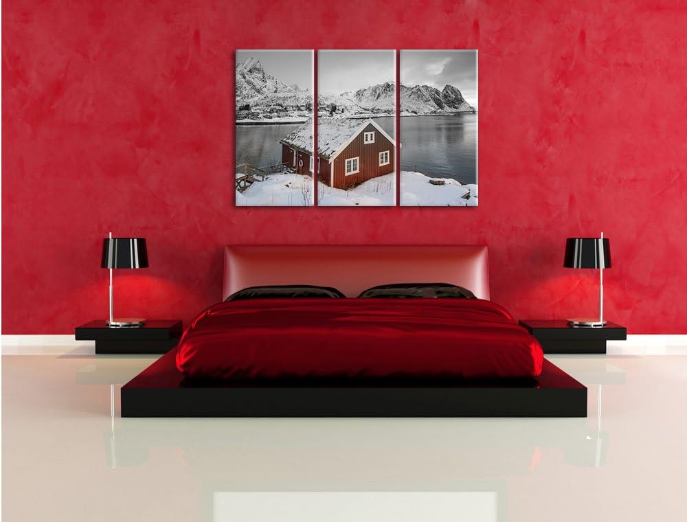 Pixxprint Fischerhaus an den Lofoten Inseln B&W Detail 3-Teiler Leinwandbild 120x80 Bild auf Leinwan