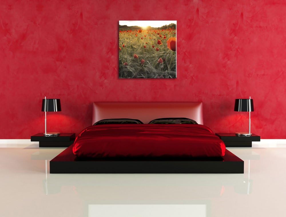 Pixxprint Traumhaftes Mohnfeld bei Sonnenuntergang Schwarz/Weiss, Format: 70x70 auf Leinwand, 70x70