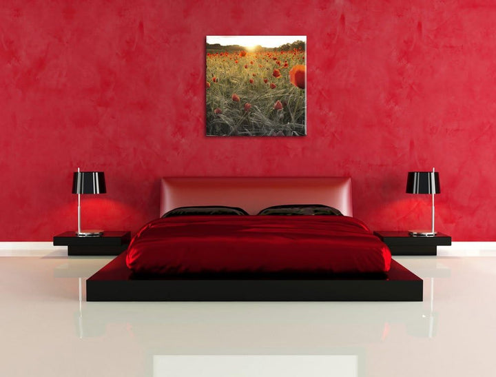Pixxprint Traumhaftes Mohnfeld bei Sonnenuntergang Schwarz/Weiss, Format: 70x70 auf Leinwand, 70x70