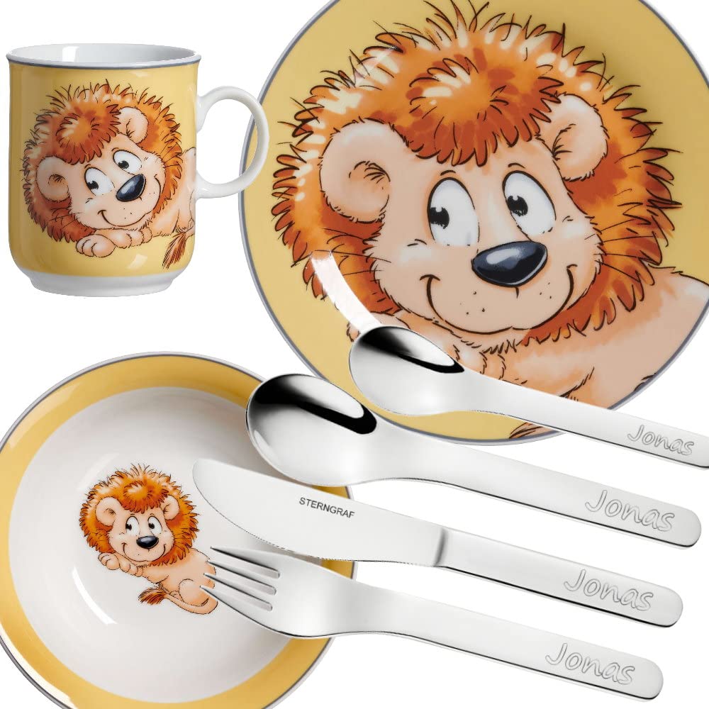 Sterngraf Kinderset Löwe 7tlg. MIT GRAVUR (z.B. Namen) personalisiertes Kinderbesteck + Kindergeschi