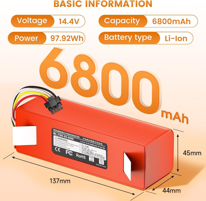 14,4 V 6800 mAh Ersatzakku für Roborock S4, S5, S50, S6, S7, S7 Max, Q5, Q7, Q7 Max