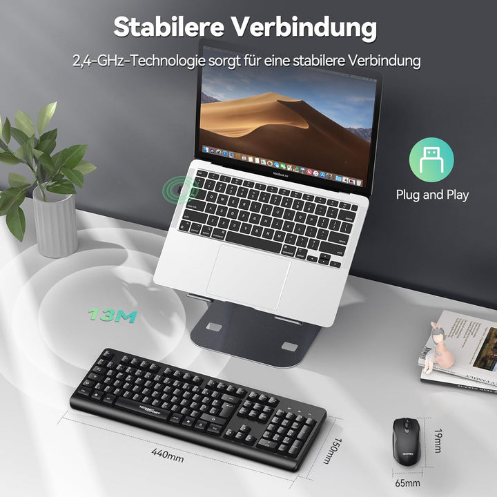 TECKNET Tastatur Maus Set Kabellos, QWERTZ Layout Funktastatur mit Maus, Vollformat, Spritzwasserges