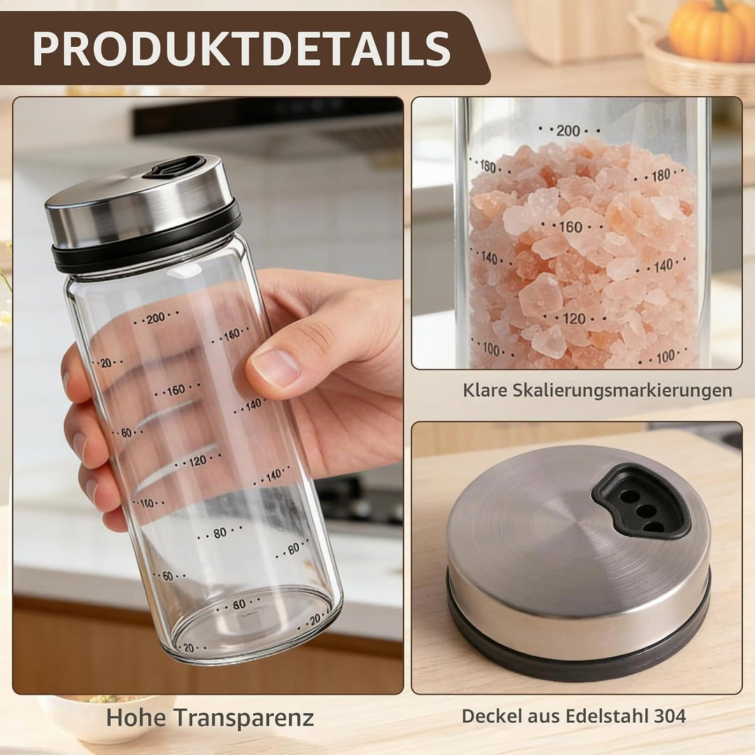 4 Stück 200ml Gewürzgläser mit Drehdeckel, Gewürzstreuer Glas, Gewürzdosen Gross mit 3 Arten von Gew