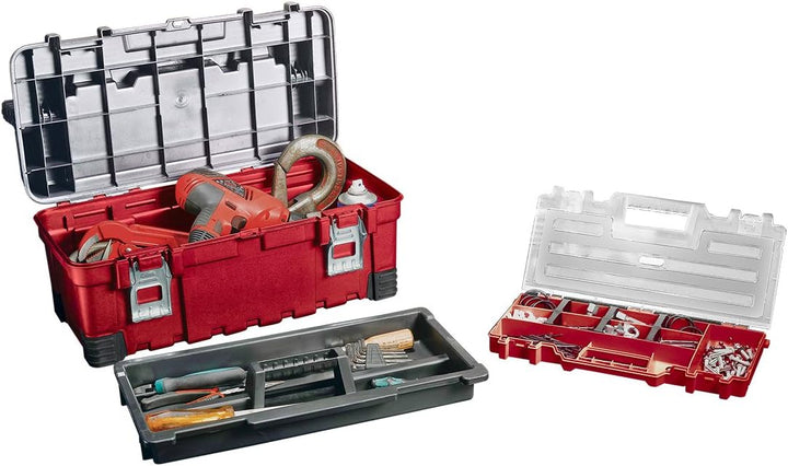 Keter 17181009 Werkzeugbox Master Pro Serie Tool Box 22 Zoll metal latch, Kunststoff, rot/silber