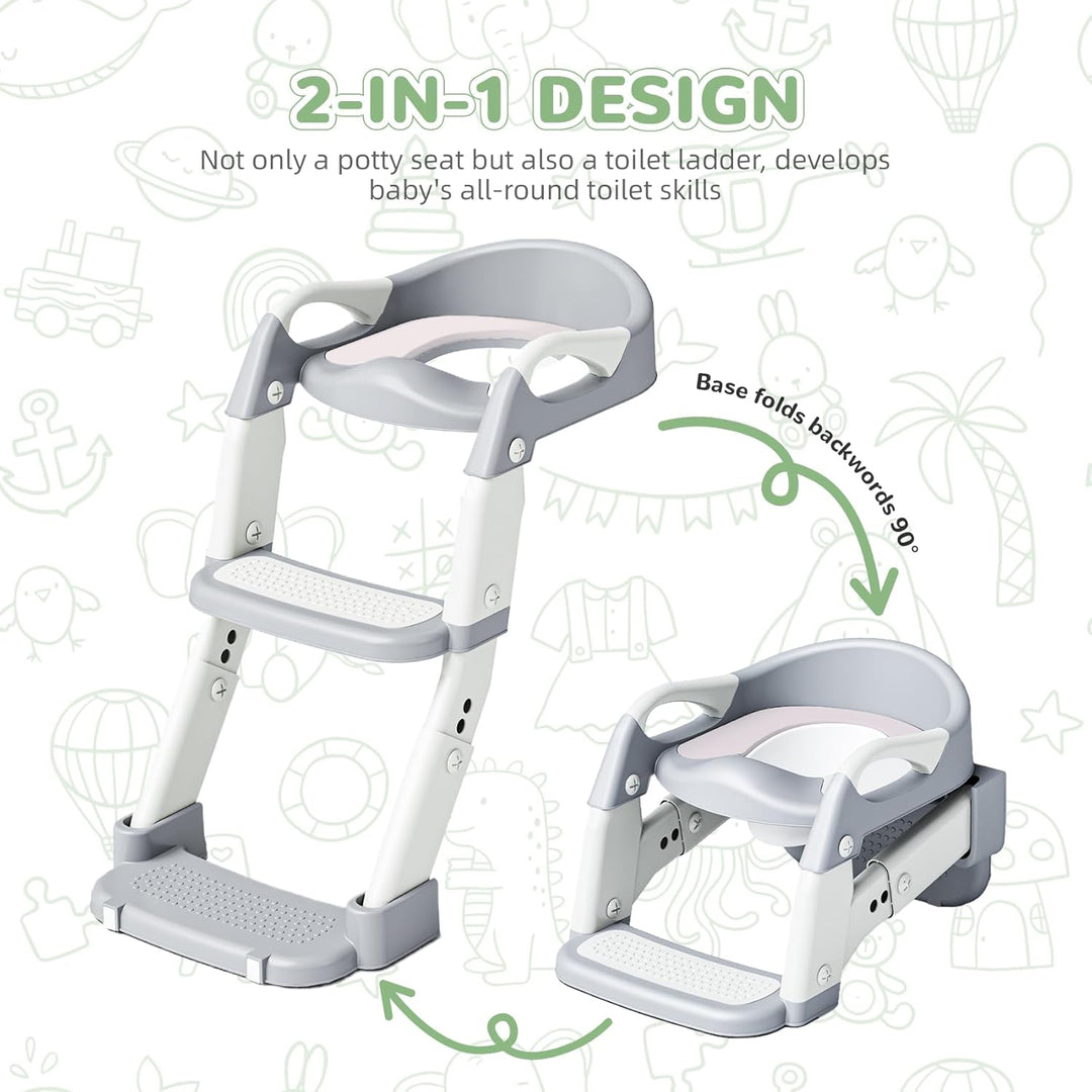 Toilettensitz Kinder mit Treppe, 2-in-1 Toilettentrainer für Kinder, WC Sitz mit PU Gepolsterter, Hö