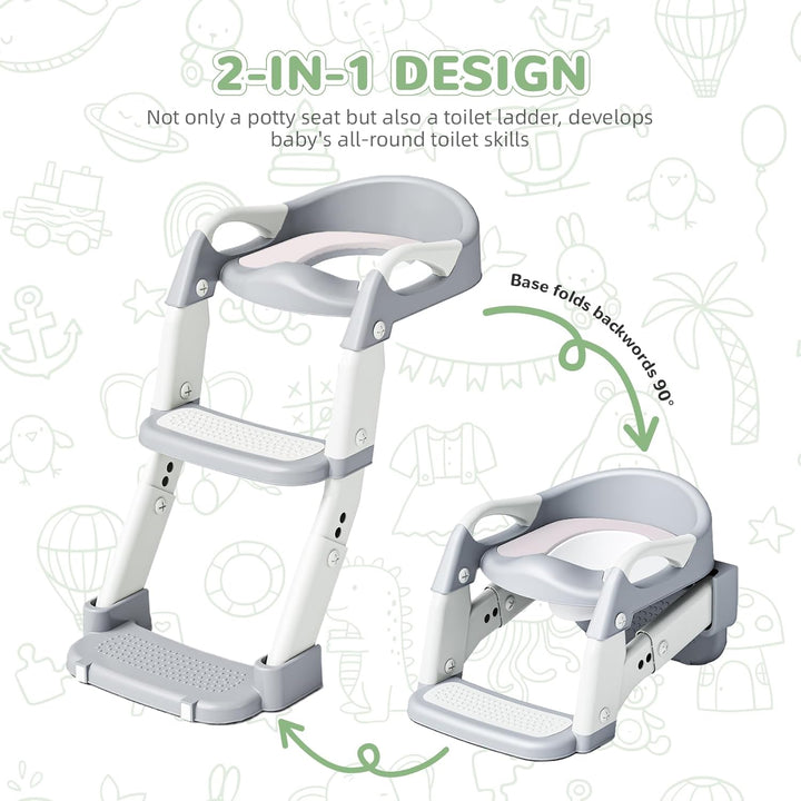 Toilettensitz Kinder mit Treppe, 2-in-1 Toilettentrainer für Kinder, WC Sitz mit PU Gepolsterter, Hö
