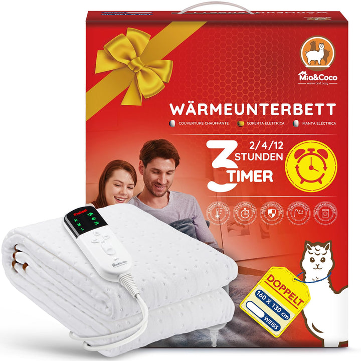 Mia&Coco Heizdecke mit Abschaltautomatik, Wärmeunterbett mit 12-Stunden-Timer und 3 Wärmestufen, LED
